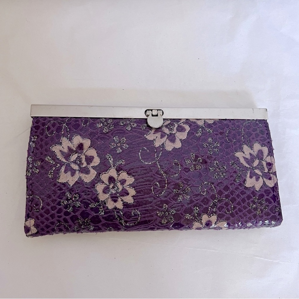 Chic Purple & Silver Clutch with Floral Design
